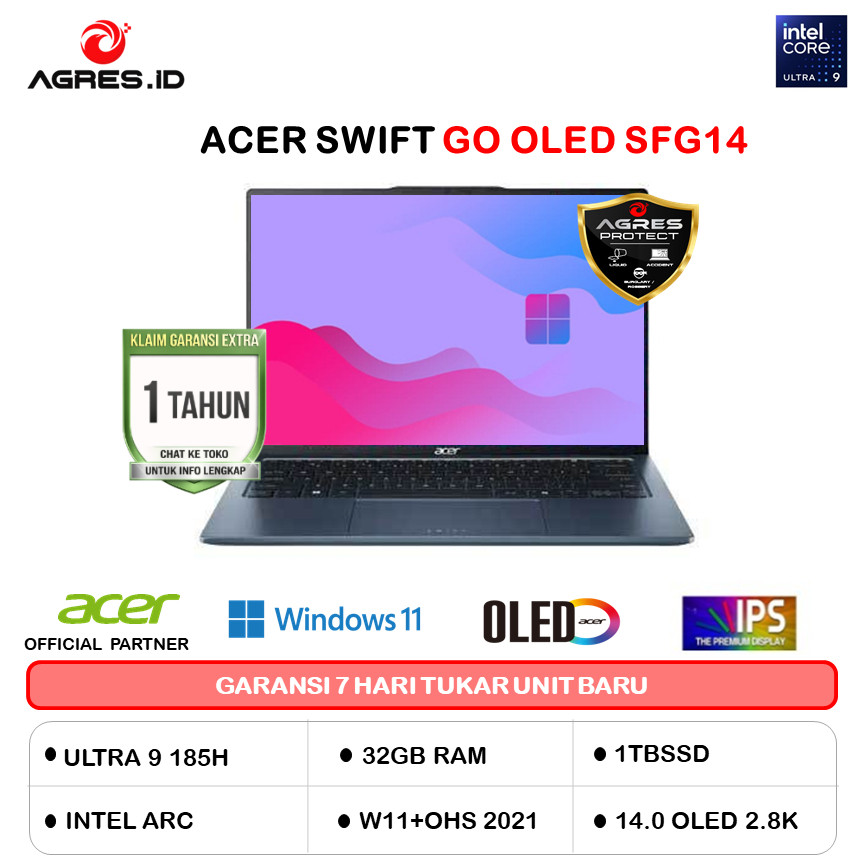 ACER SWIFT GO OLED SFG14 ULTRA 9 185H 32GB 1TB W11PRO+OHS 14.0 2.8K 90HZ 2Y+ADP BLUE -73.9686