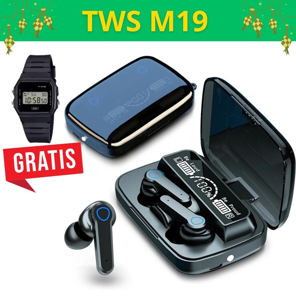 FREE JAM TANGAN - M19 Headset Bluetooth 5.1 Earbud TWS Nirkabel LED Digital Power Display Stereo