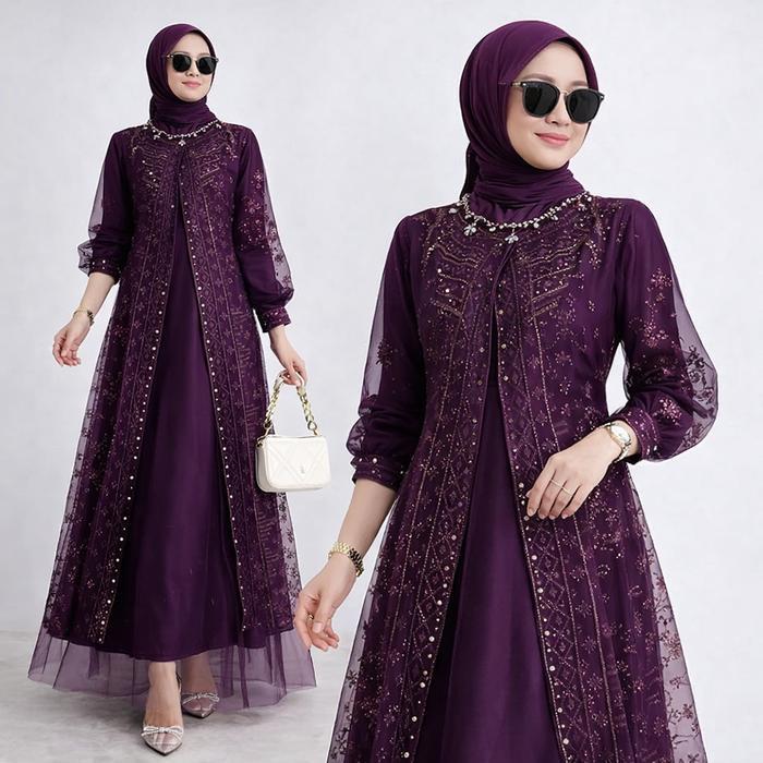 Vallina Keyla Dress Gamis Muslim Wanita Kondangan - Burgundy