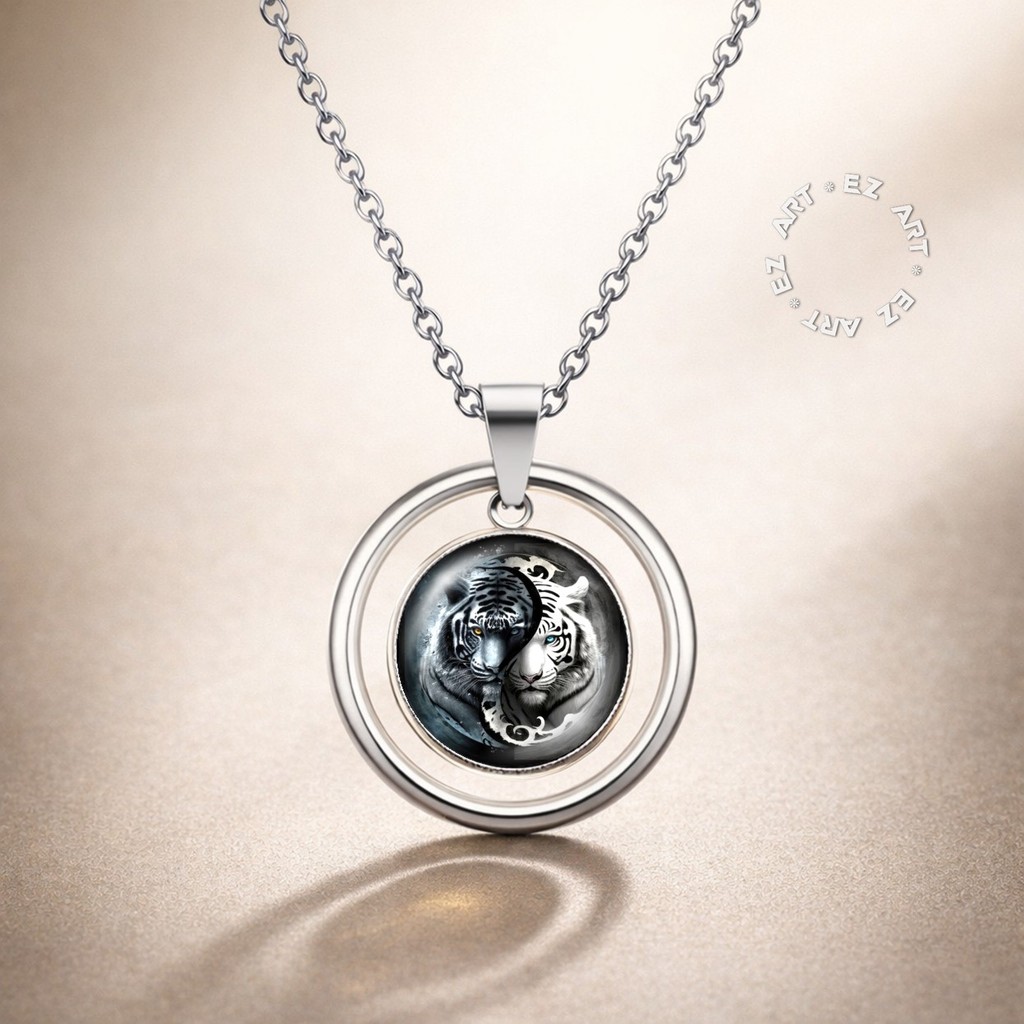 Kalung Liontin Yin Yang Model Gantungan Bulat Cincin Circle Melingkar Fashion Pria Wanita Bahan Kaca
