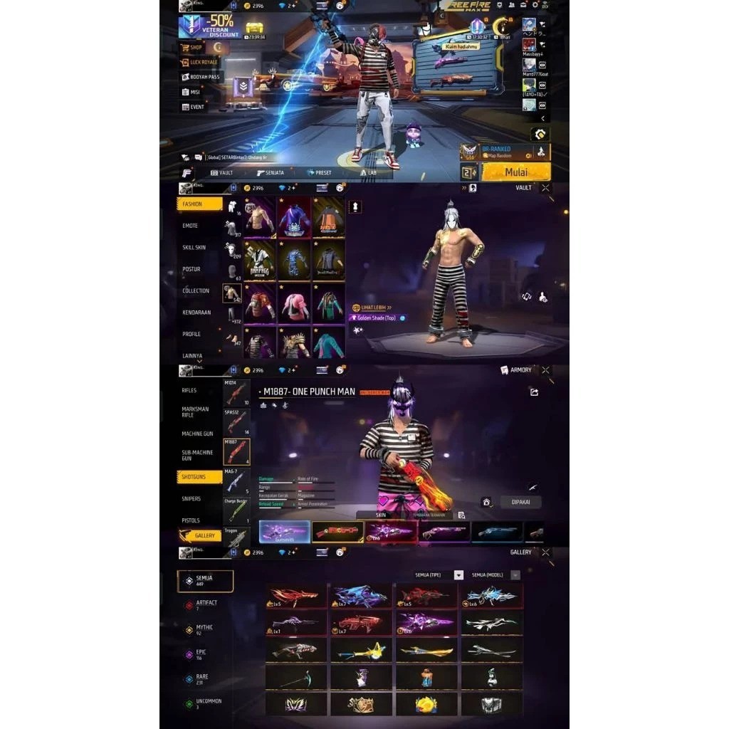 AKUN FF Sultan-Level Tinggi,Skin Langkap,ready akun ff murah-bagus ff full skin