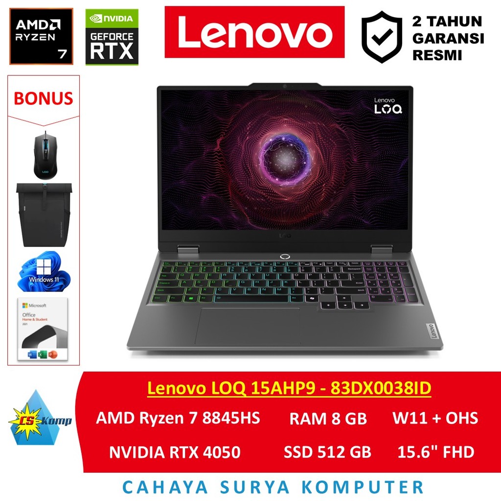 Lenovo LOQ 15AHP9 83DX0038ID AMD Ryzen 7 8845HS RAM 8GB SSD 512GB NVIDIA RTX 4050 W11 OHS 15.6 FHD