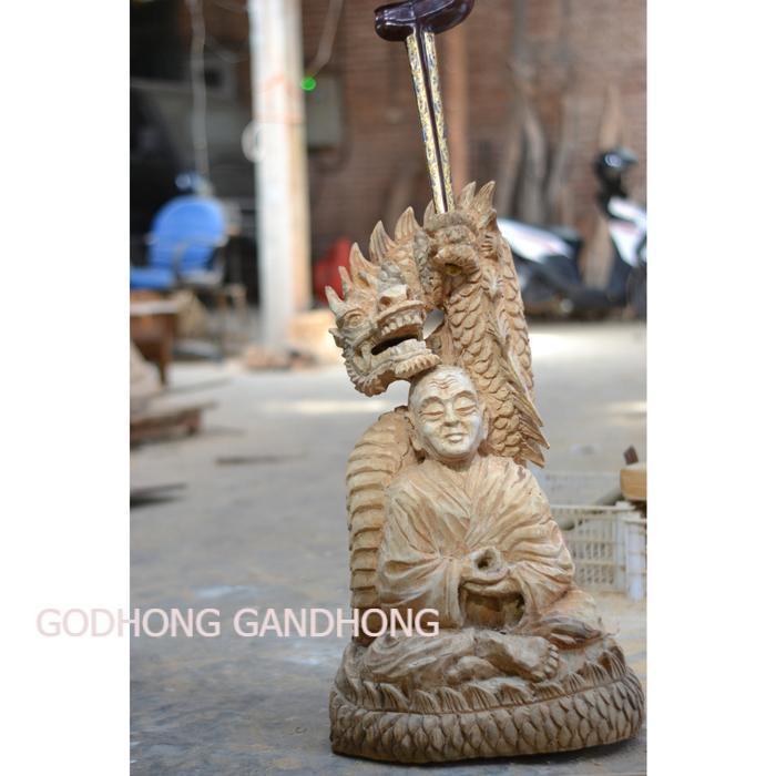 patung pahat alus kayu jati bikshu budha bertapa naga cina KJM 1122 LAris