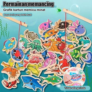 Mainan Anak Pendidikan Ikan Kartun 15/30 Buah, Magnetik Kayu
