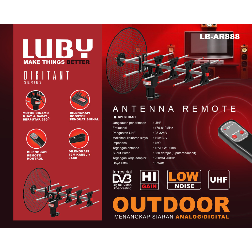 Antena TV Digital Outdoor Luby L AR888 Anntena Remote Booster Luar Parabola Set Top Box DVB 12 meter