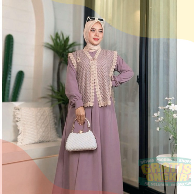 Kinan Set Dress,Gamis Wanita Outer brokat,Dress Pesta Kondangan Muslimah Model Rompi Brokat Premium,