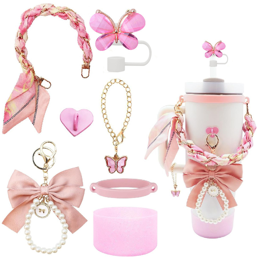 7Pcs Cup Accessories for Stanley 40oz/30oz Tumbler Water Bottle Handle Strap Bow Keyain Cup Ring Boo