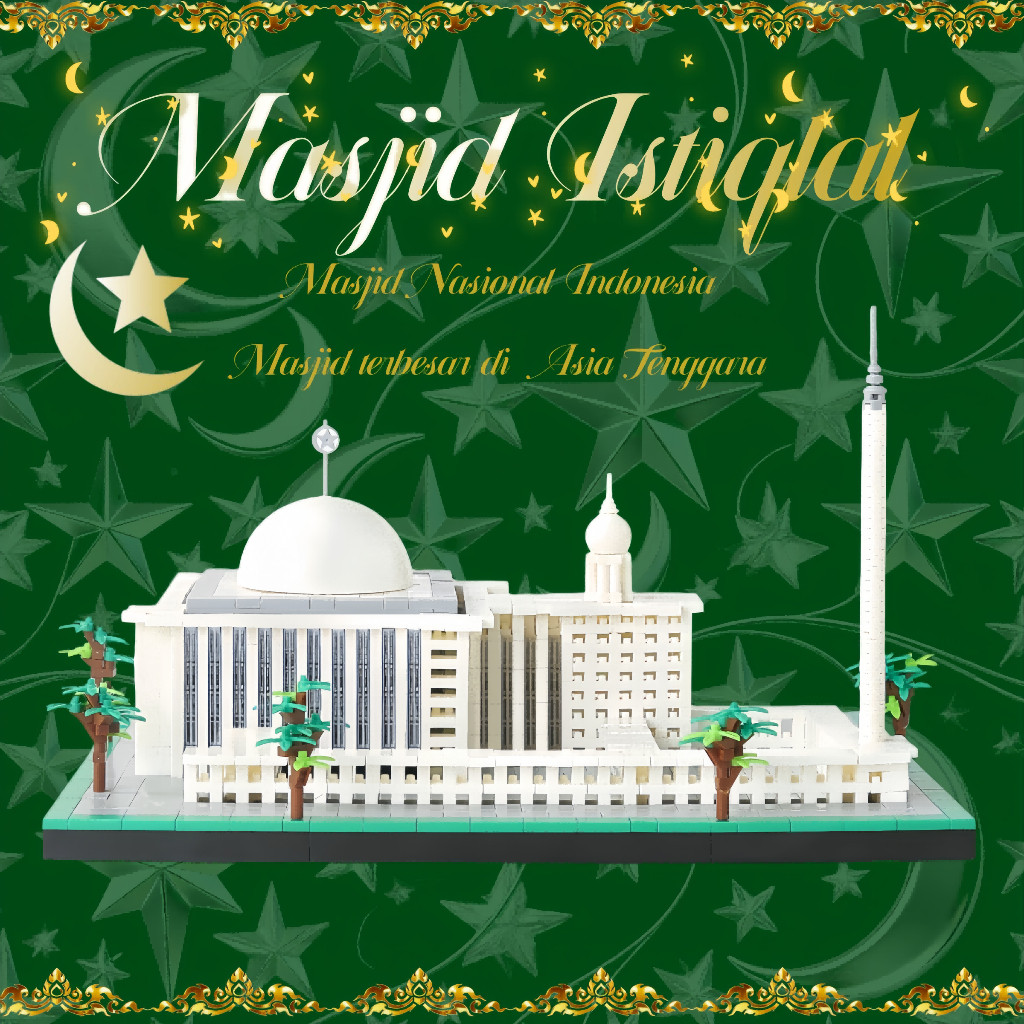 Mainan Nano Block Miniatur Masjid Istiqlal Jakarta Set DIY Edukasi dengan Display Akrilik LED dan Mu