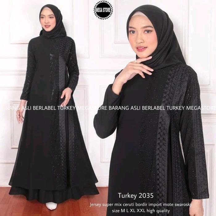 Gamis Abaya Turki Hitam Polos Wanita Muslim Mewah Belah Samg Bahan Ceruty Mix Jersey Bordir - raya h