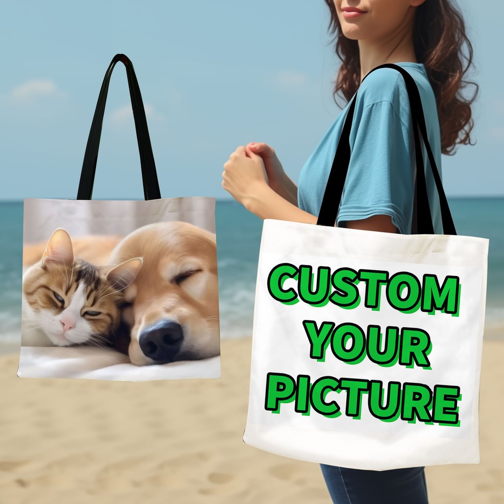 Custom Photo Tote Bag Personalized Reusable Grocery Shopping Shoulder Bag with Foldable Design Polye