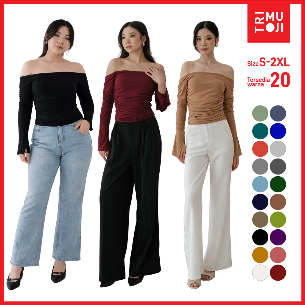 TRIMUJI Haeun | Blouse Off Shoulder Wanita Lengan Panjang - Baju Hitam Elegan Ruched Body Fit | Ukur