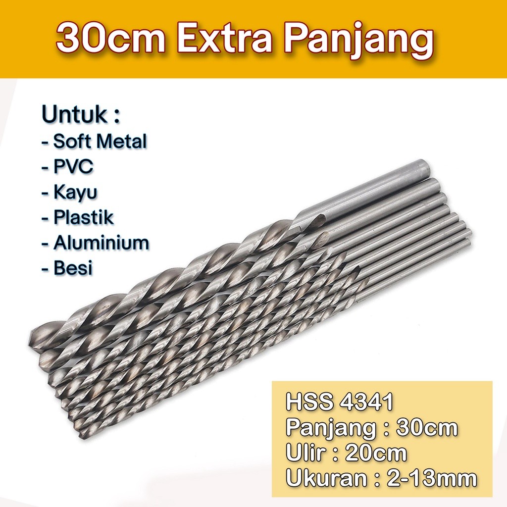 Mata bor HSS panjang 30cm 2-10mm untuk kayu dan logam