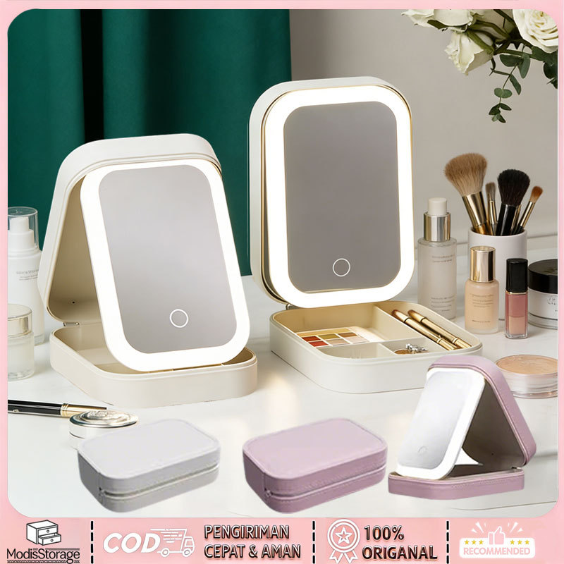 Tas Makeup Lampu LED Full Mirror Beauty Case Tas Cermin Rias Mini Lipat Portable Tas Travel Portabel