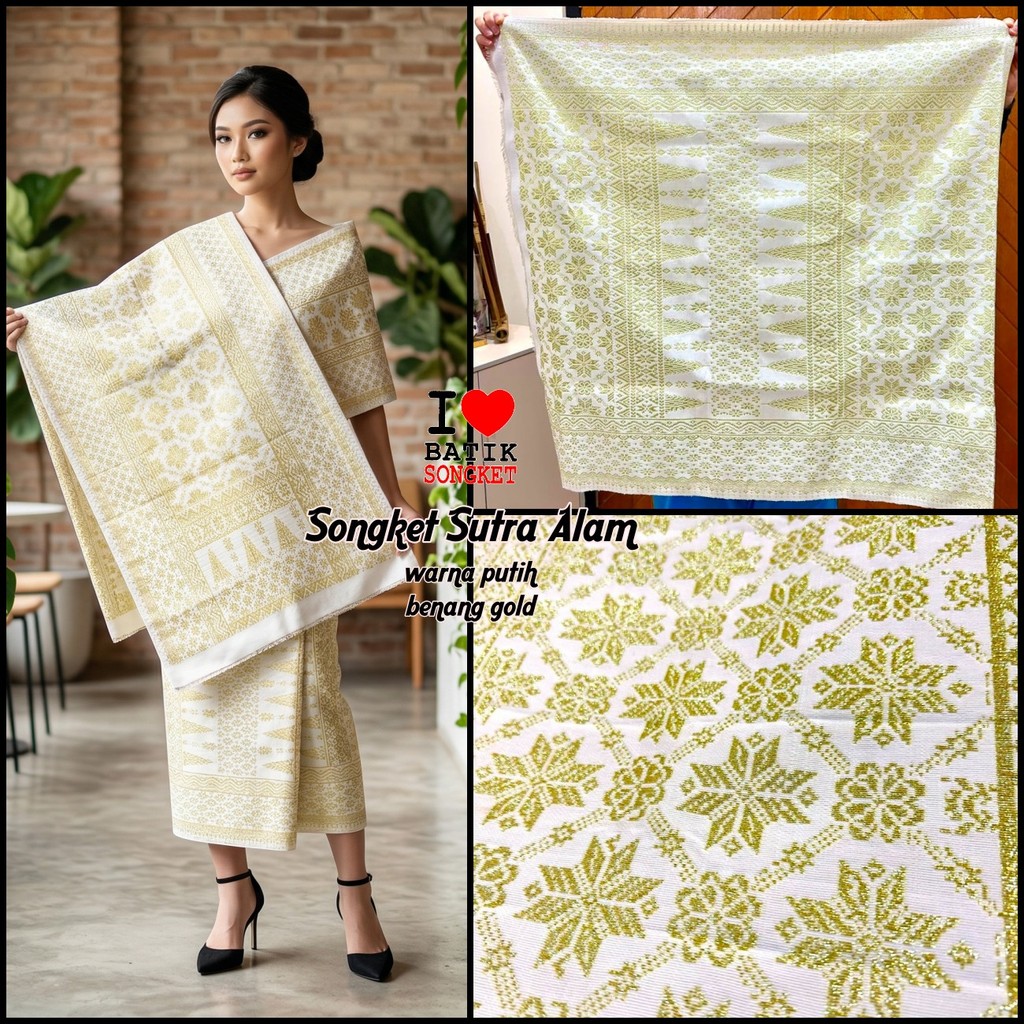 SONGKET SUTRA ALAM MOTIF 15 BENANG EMAS TENUN PALEMBANG MEDAN MINANG LEPUS PUTIH KREM