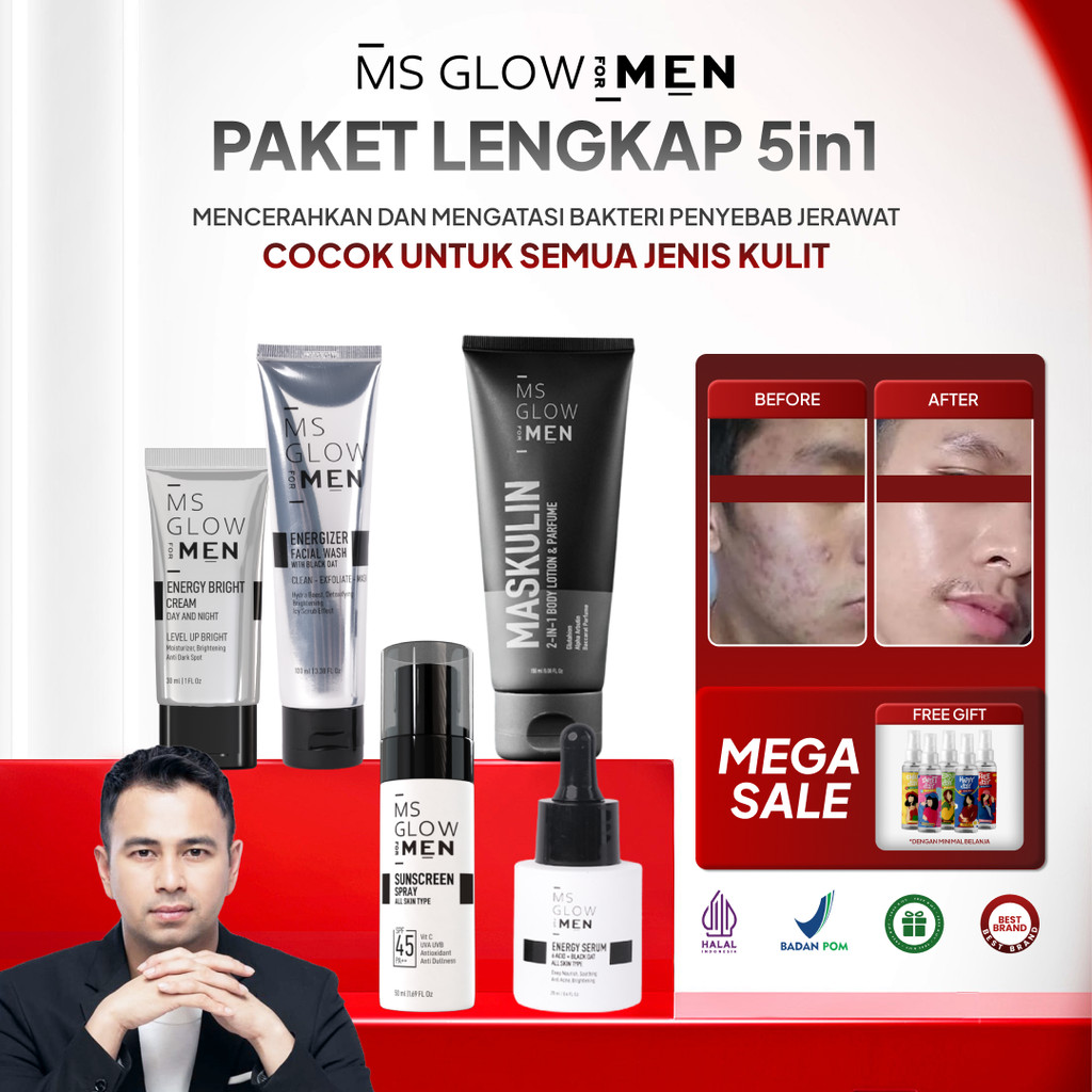MS GLOW MEN - Paket 5in1 Maskulin Skincare Pria dan Cowok Kulit Berjerawat Ms Glow For Men Original