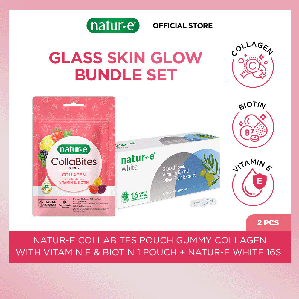 Natur-E Paket Glass Skin Glow - Collabites Pouch Gummy Collagen with Vitamin E & Biotin 1 Pouch + Wh