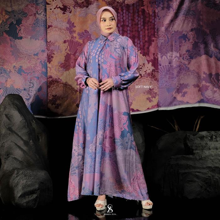 Shirin Zein - Gamis Muslim Etnik Motif Batik Mewah Elegan Series Lasem - Soft Navy, S