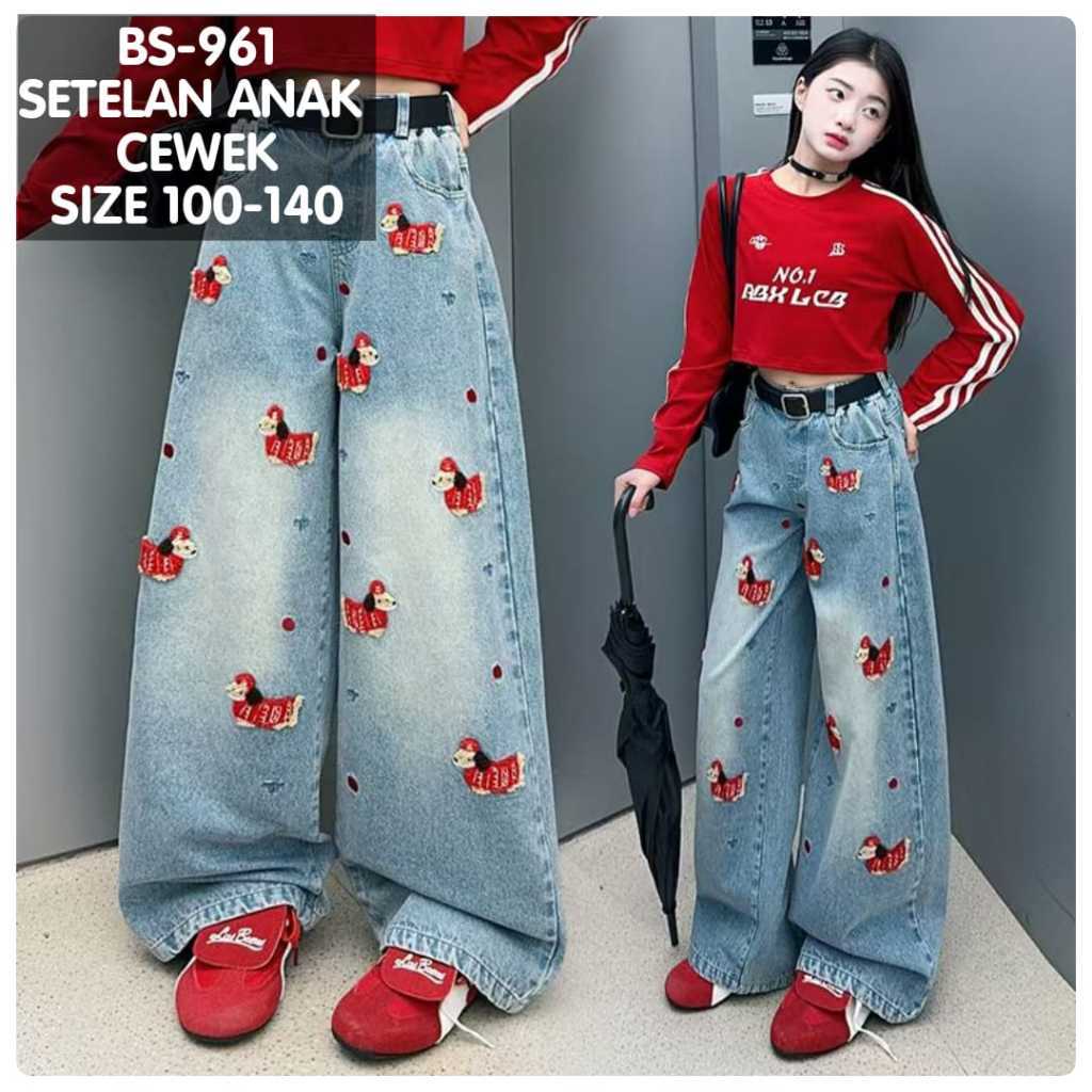 (LC-JKT) BS- 961 SETELAN ANAK RED STRIPE CROP TOP & DOG EMBROIDERED JEANS SIZE 100-140