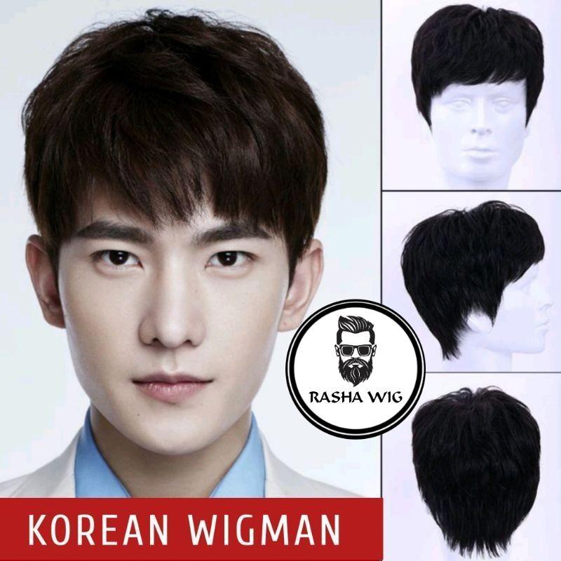 Wig Pria Rambut Pendek Poni Panjang Tebal Warna Hitam Rambut Palsu Cowok Poni Korean Wigman