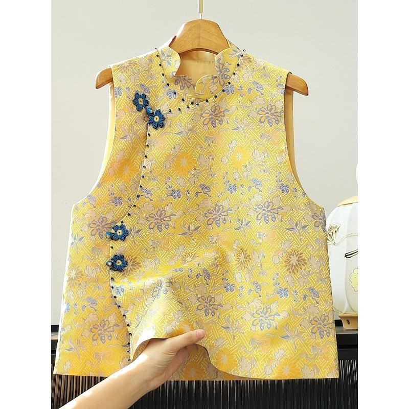 Brokat Jacquard Gaya Cina Baru Wanita Berkualitas Tinggi  Rompi Kuning Gaya Retro Atasan Wanita