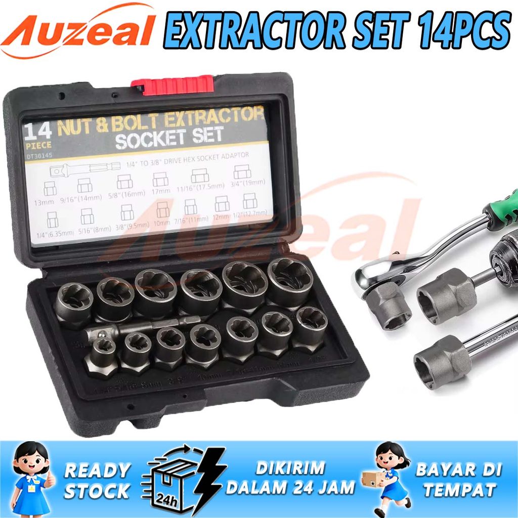 Auzeal Alat Pembuka Baut 10PCS 14 PCS Mur Hex Rusak 6mm-19mm Set Kunci Ring pass Damaged Screw