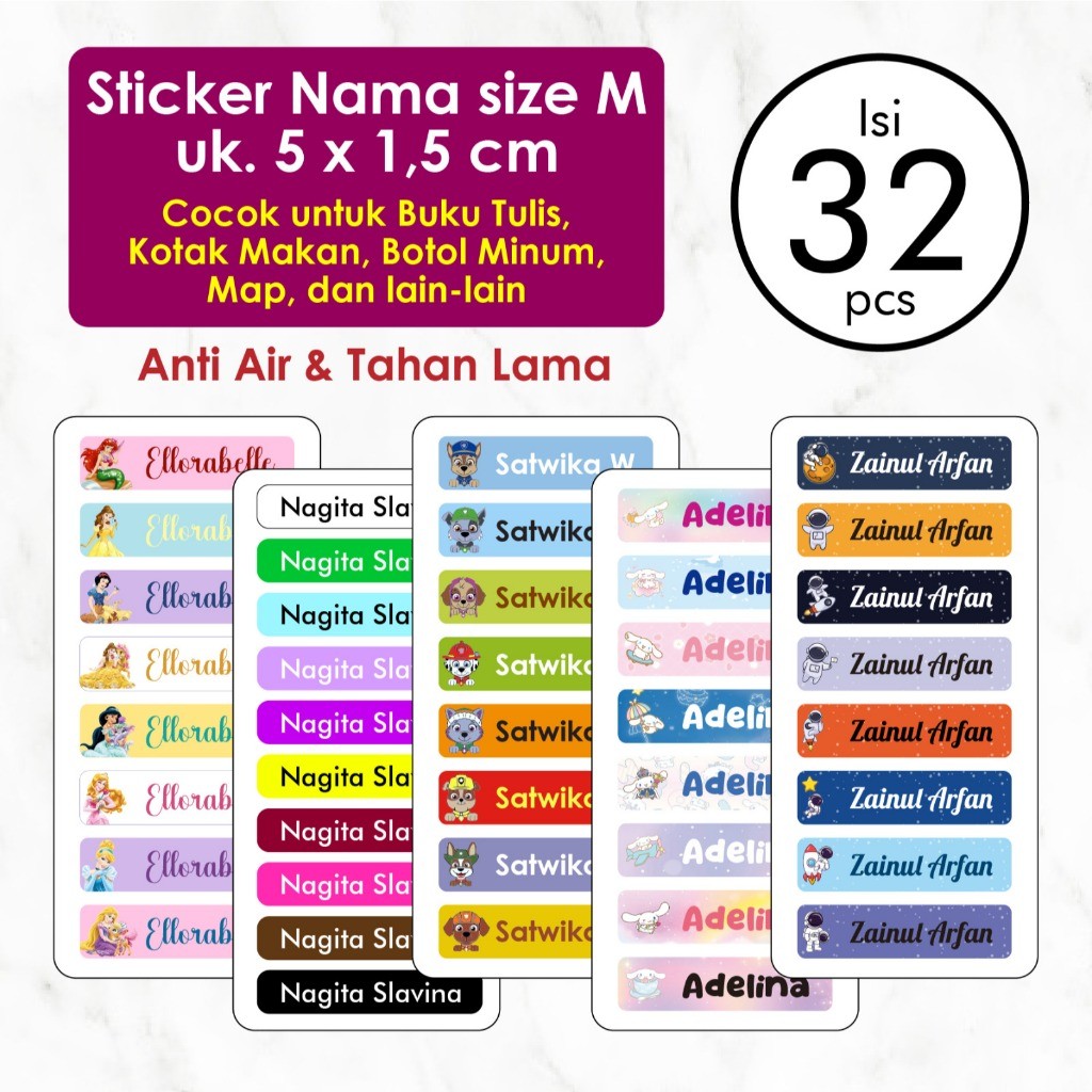 Stiker Label Nama Anak Custom Ukuran M isi 32 pcs Label Nama Anak Waterproof Tahan Air Stiker Pensil