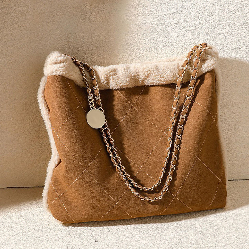 Winter Women's Fashion Large Casual Shoulder Bag Faux Plush Quilted  Argyle Thread Chain Strap Handb