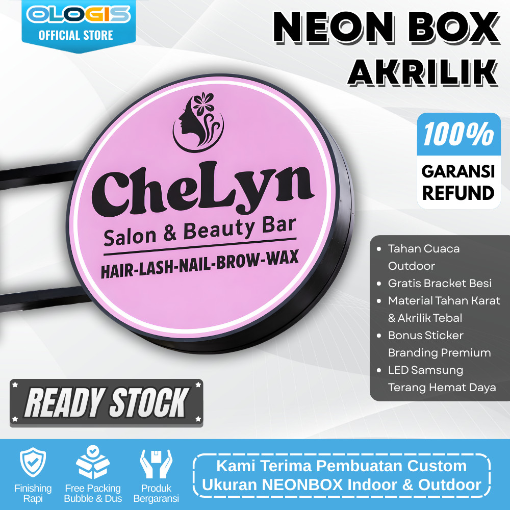 (READY) Neon Box Bulat Akrilik 2 Sisi Besar 100 CM LED Custom Logo Outdoor Plang Papan Nama Toko