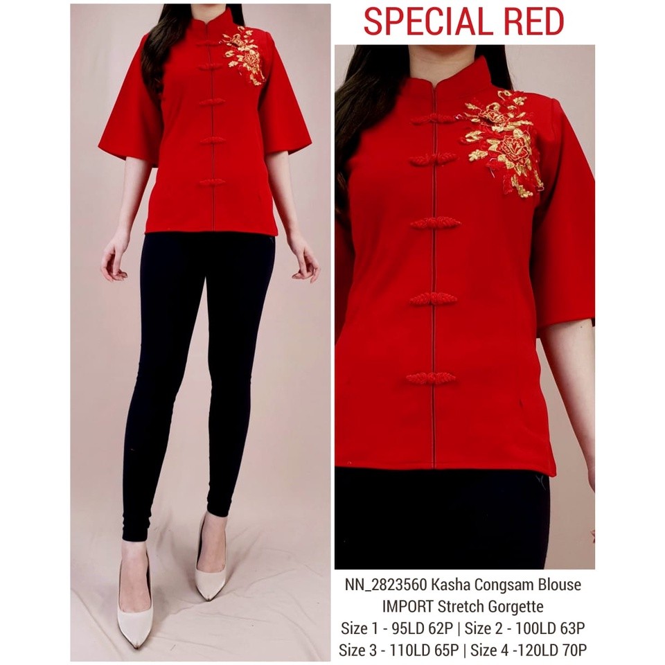 BaeNom SPECIAL RED BLOUSE CHEONGSAM BRITNEY STRETCH GEORGETTE PREMIUM LUNAR NEW YEAR EDITION ( 4 SIZ