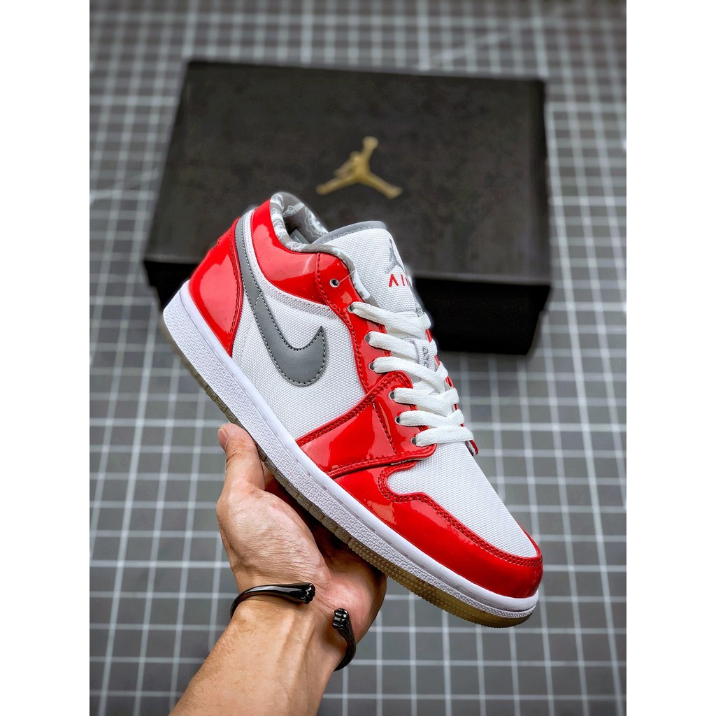 AJ1 Low Putih Merah Vernis Kulit Asli Pabrik COD Stok Ready