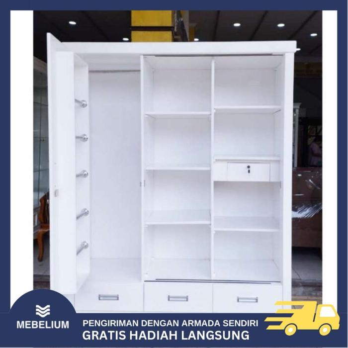 [ORI] Lemari Pakaian / Baju Full Kayu Solid Rak Hijab 4 Pintu Sliding Putih - 3 PIntu