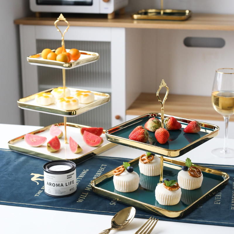 MAHAA.STORE ASHOME Piring Kue Tingkat Keramik Bentuk Kotak List Emas / Square List Gold Elegant / Wa