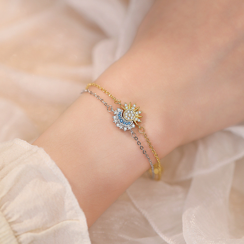 Set Gelang Pasangan 'Matahari & Bulan' - Berlian & Desain Vintage, Untuk Ditumpuk