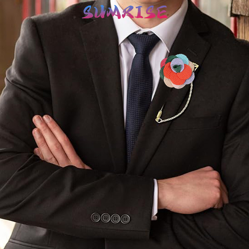 Aksesoris Jas Pria: Corsage Bunga Mawar Kain & Rantai Bros Panjang untuk Pengantin Pria Pin Dada dan