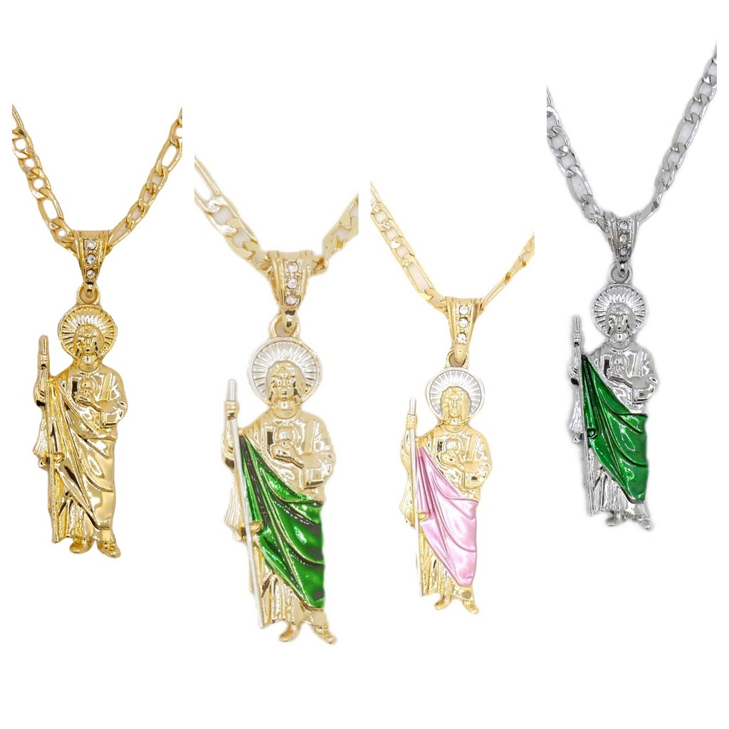 RS Saint Jude Necklace 14K Gold Plated San Judas Pendant Figaro Chain