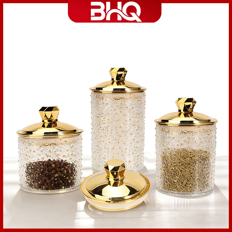 BHQ 3pcs/Set Toples Kedap Udara Toples Penyimpanan Emas Mewah Toples Plastik Aesthetic Toples Kue Ak