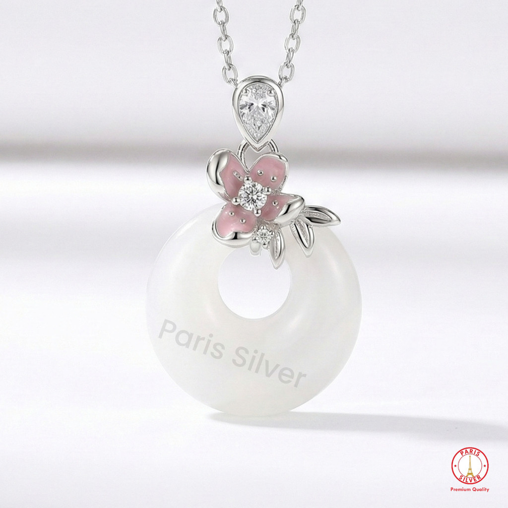 Kalung Perak Asli 925 Wanita Liontin Batu Giok Manau Motif Bunga Sakura Silver Lapis Emas Putih