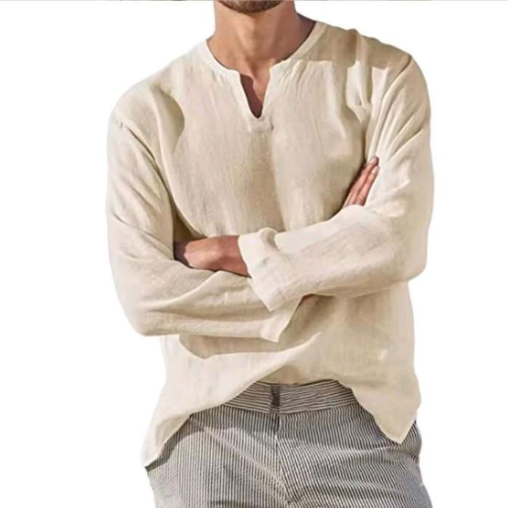 HENLEY Style Kemeja Blouse Linen Pria Lengan Panjang V-Neck Linen - Casual Relax Fit Warna Beige uni