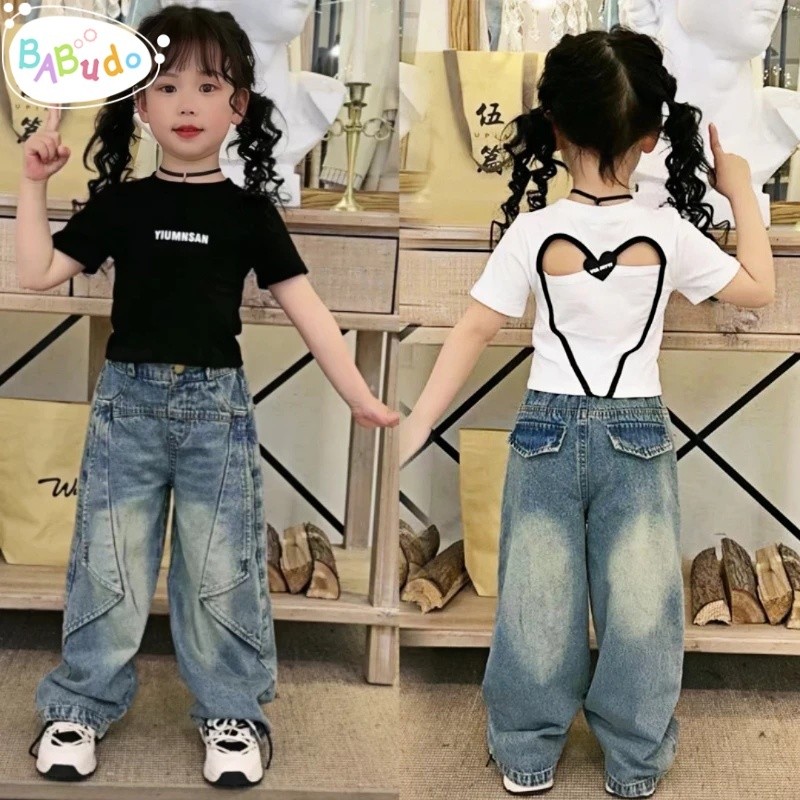 2-10 Tahun  Setelan Jeans Anak Perempuan Fashion Kaos Pola Hati Berongga + Panjang Desain Jeans