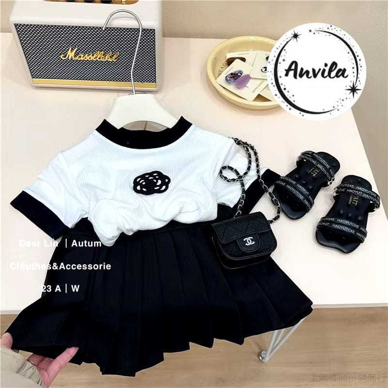 SLIDEBAR Setelan Anak Perempuan Import  Rok Plisket Kancing Rib Flower Terbaru Fashionable