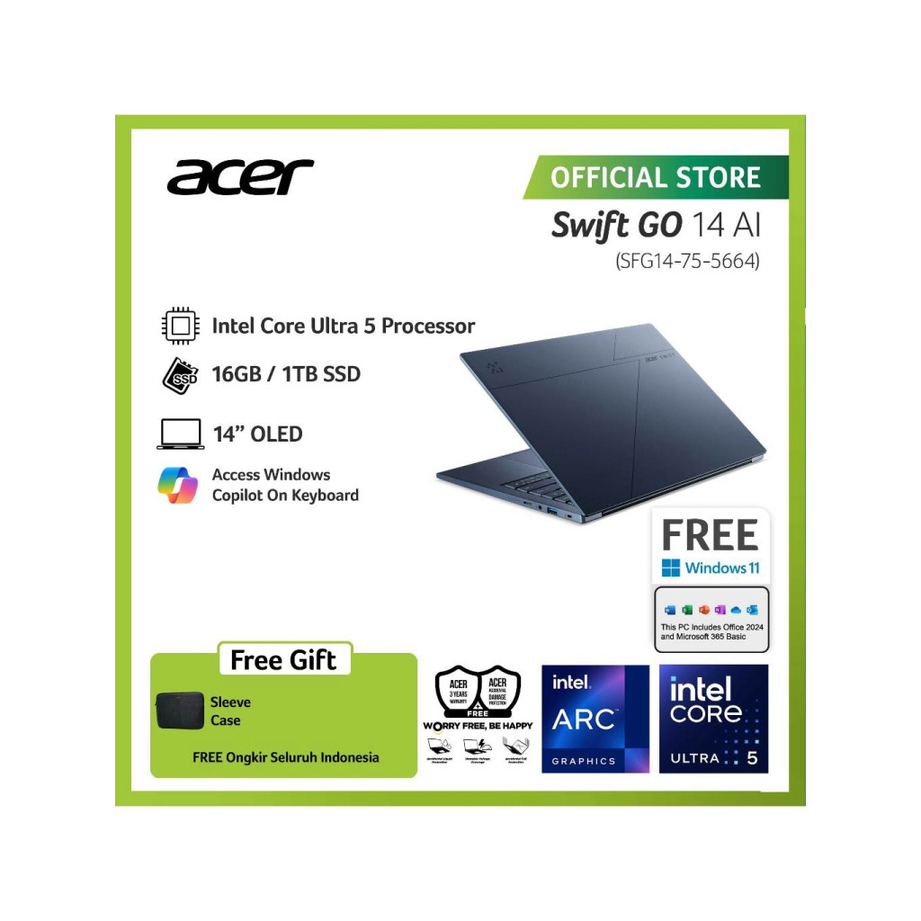 ACER LAPTOP SWIFT GO 14 WITH AI SFG14-75-5664 INTEL CORE ULTRA 5 226V RAM 16GB STORAGE 1TB SSD INTEL