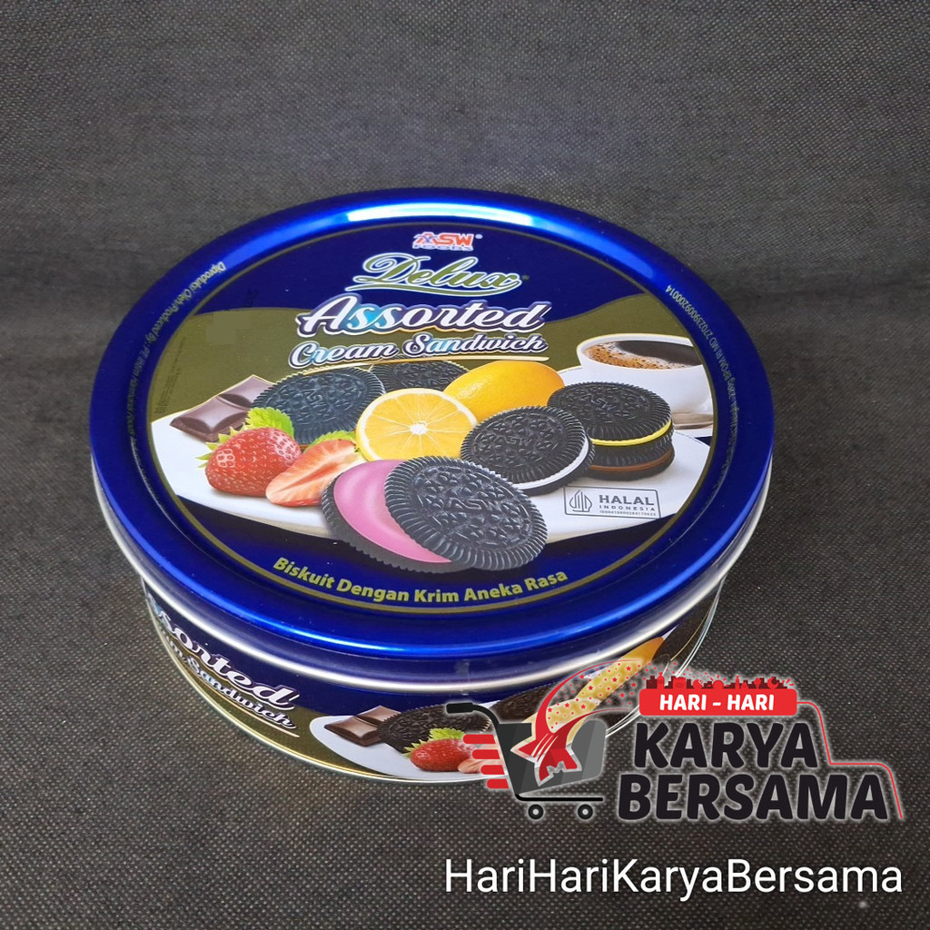 MAKANAN RINGAN BISKUIT KALENG LEBARAN ASW FOODS DELUX ASSORTED CREAM SANDWICH 220GR