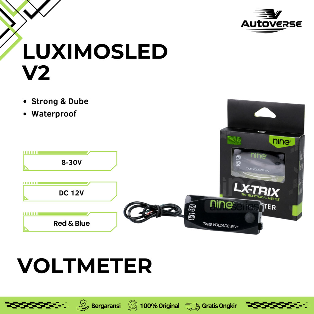 Voltmeter Aki Digital Slim Motor Mobil 2 in 1 DC 12V Voltase Jam Ampere Waterproof V2 NINE LX-TRIX