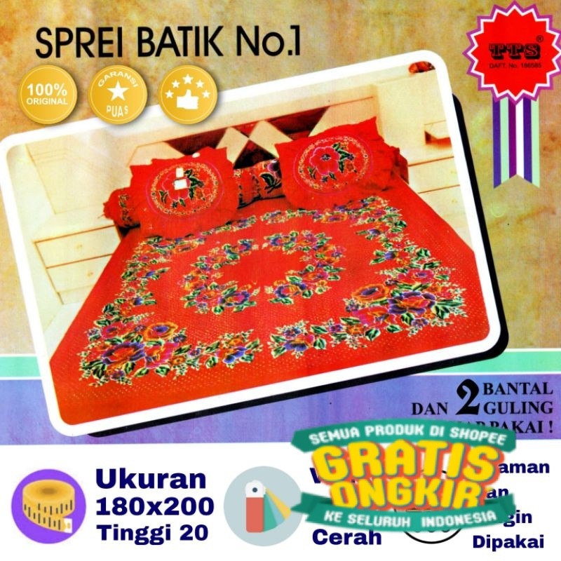 Sprei Batik TTS 180 x 200 Bantal 2 T20 King Size Katun B2 Ukuran No 1 Tinggi 20 Rumbai Motif Bunga W