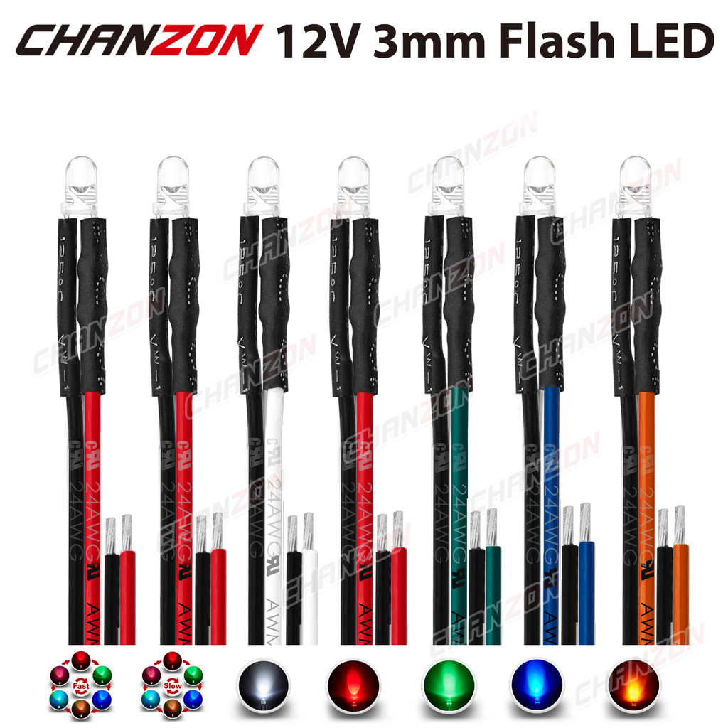 20 Buah Dioda LED 3mm 12V Putih Merah Hijau Biru Kuning RGB Berkedip Cepat Lambat Terpasang Kabel 5 