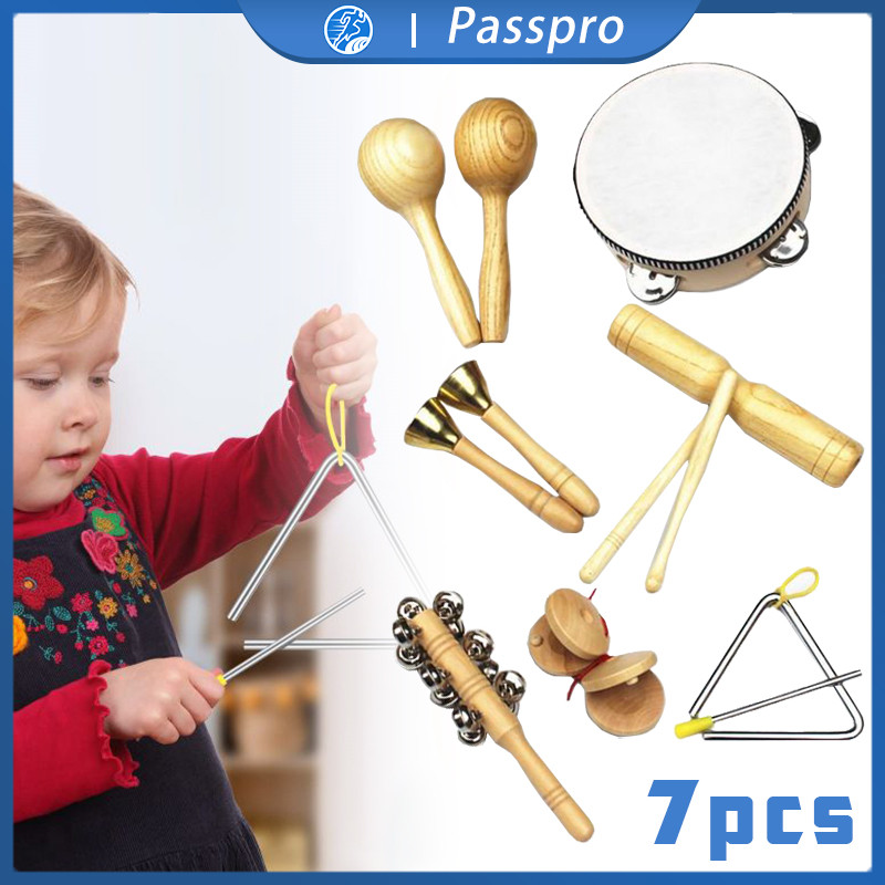 7pcs Alat Musik Tambourine Mainan Anak Alat Musik Perkusi Mainan Alat Musik Drum Bahan Kayu