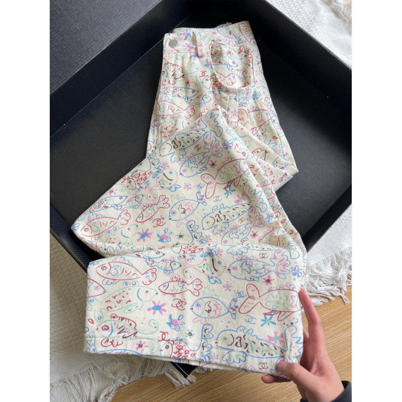 Celana Jeans dengan Cetakan Kartun Grafiti Ikan Vintage
