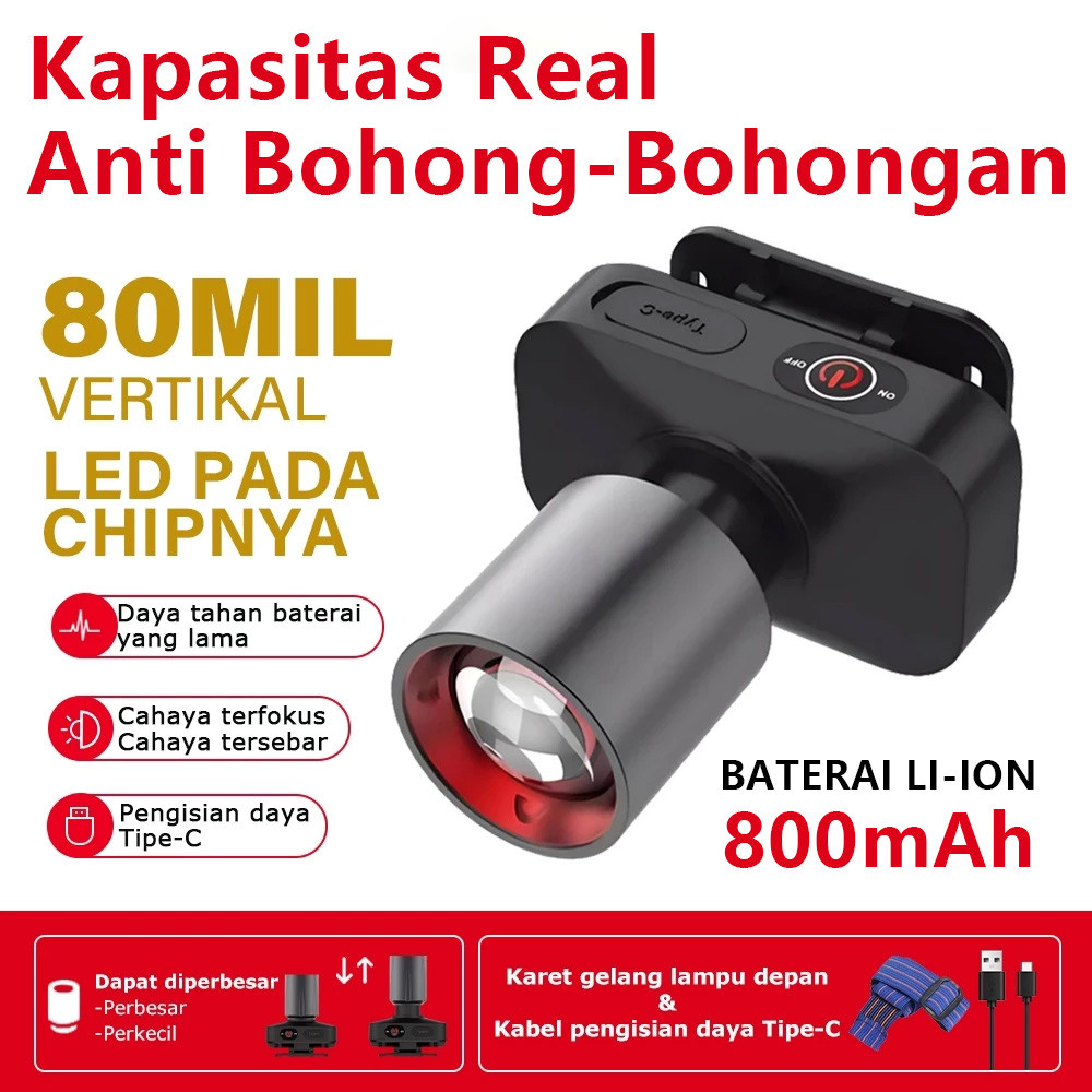Senter Kepala LED Super Terang Anti Air Senter Kepala Zoom 1000 Lumen