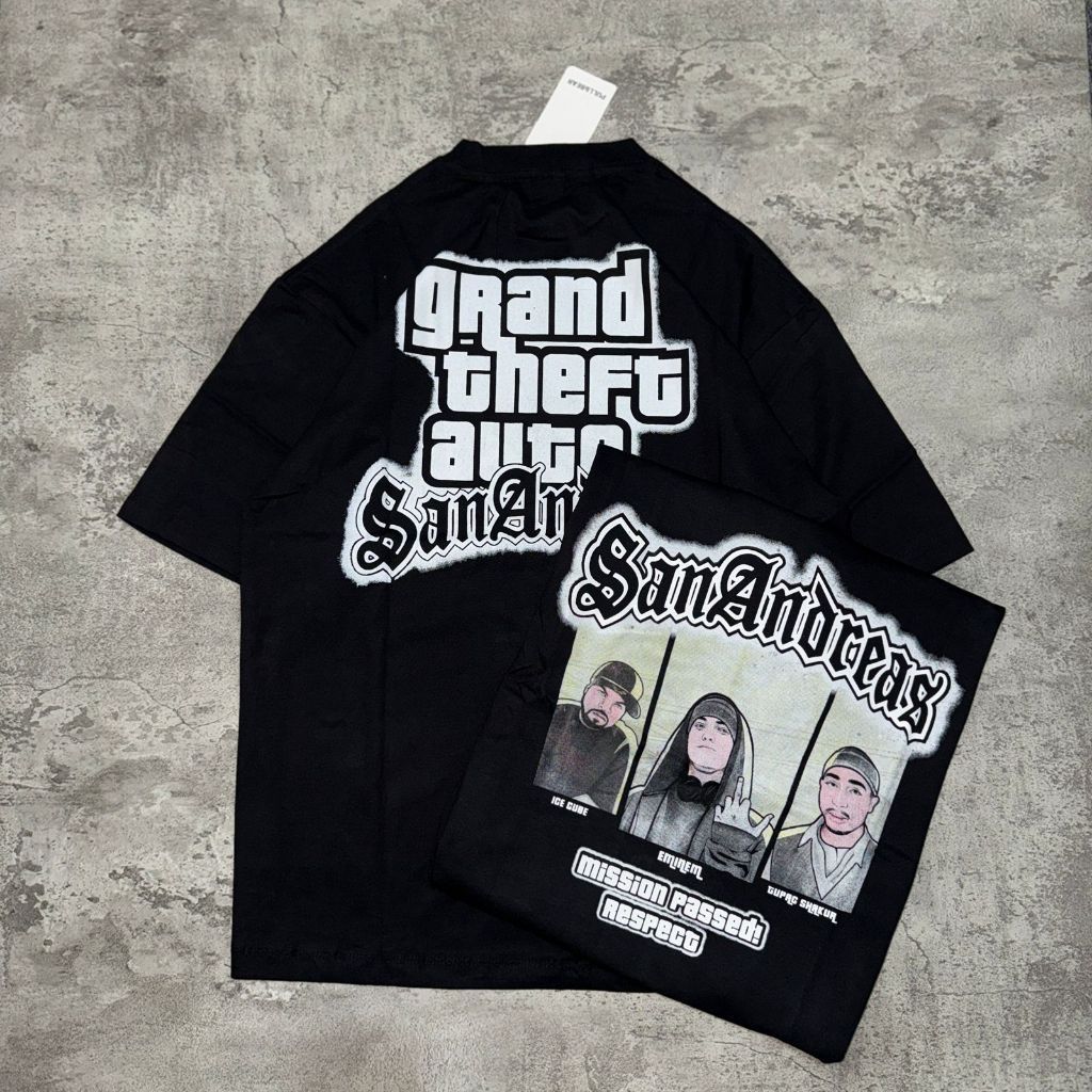 Baju Kaos Pull&Bear Oversize GTA San Andreas - T Shirt Vintage GTA San Andreas Oversize Black 20s T-