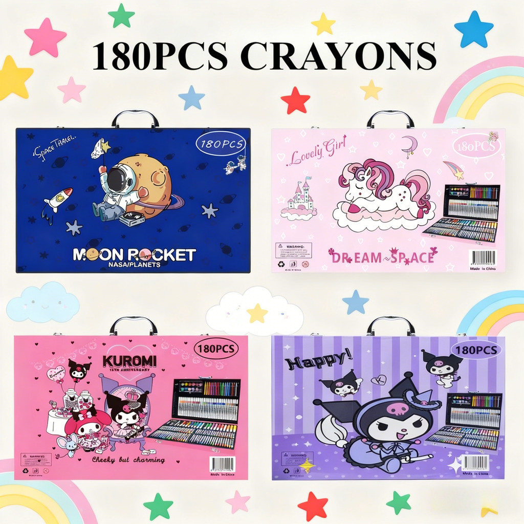 Crayon Set 180pcs Koper Besi Perlengkapan Melukis dan Menggambar Lengkap untuk Anak Sekolah SD, Alat